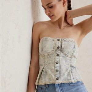 Anthropologie Pilcro Button Down Corset Strapless Top Denim Light Stripe Peplum